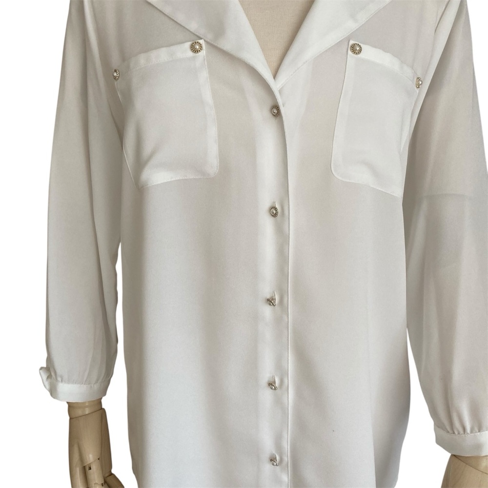 KARL LAGERFELD | Ivory Pearl Button Shirt with Bow Cuff 3/4 Sleeve Size L